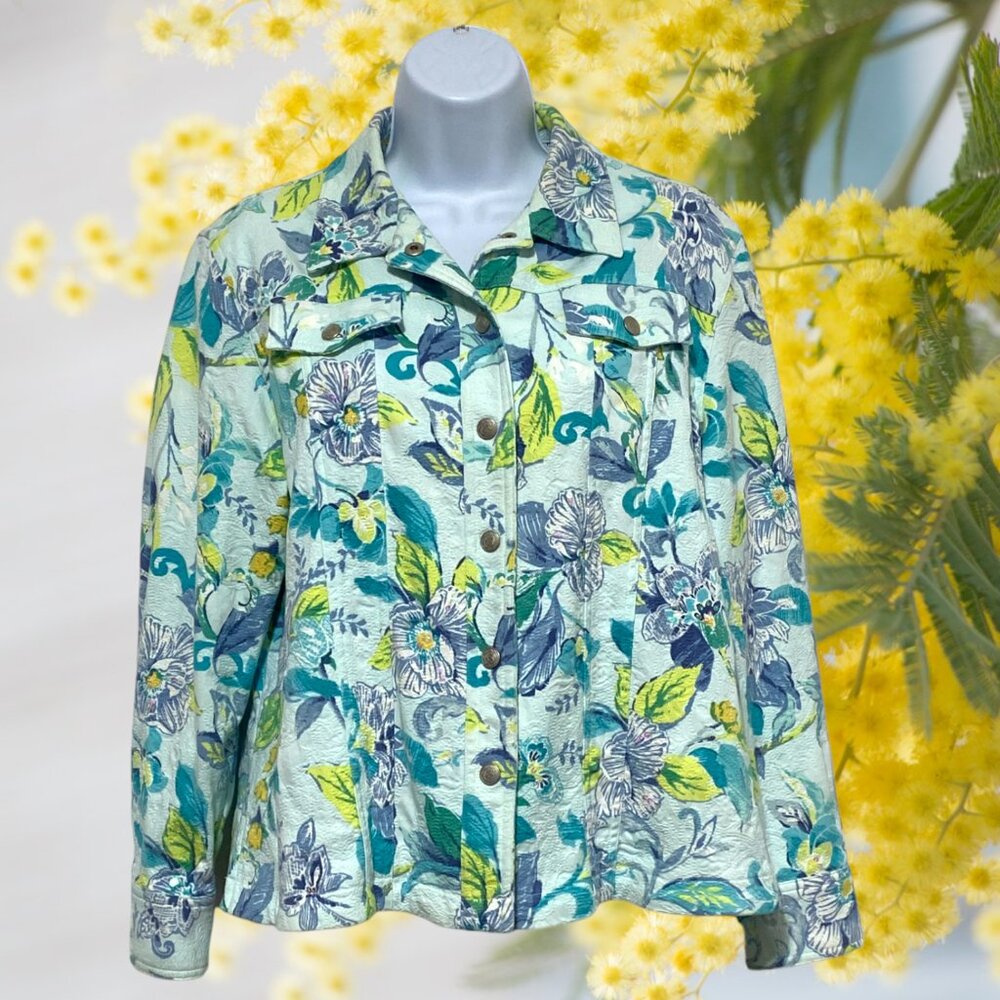 Alfred Dunner-Women's Petite Large Snap Jacket Long Sleeve Sequins Floral Design